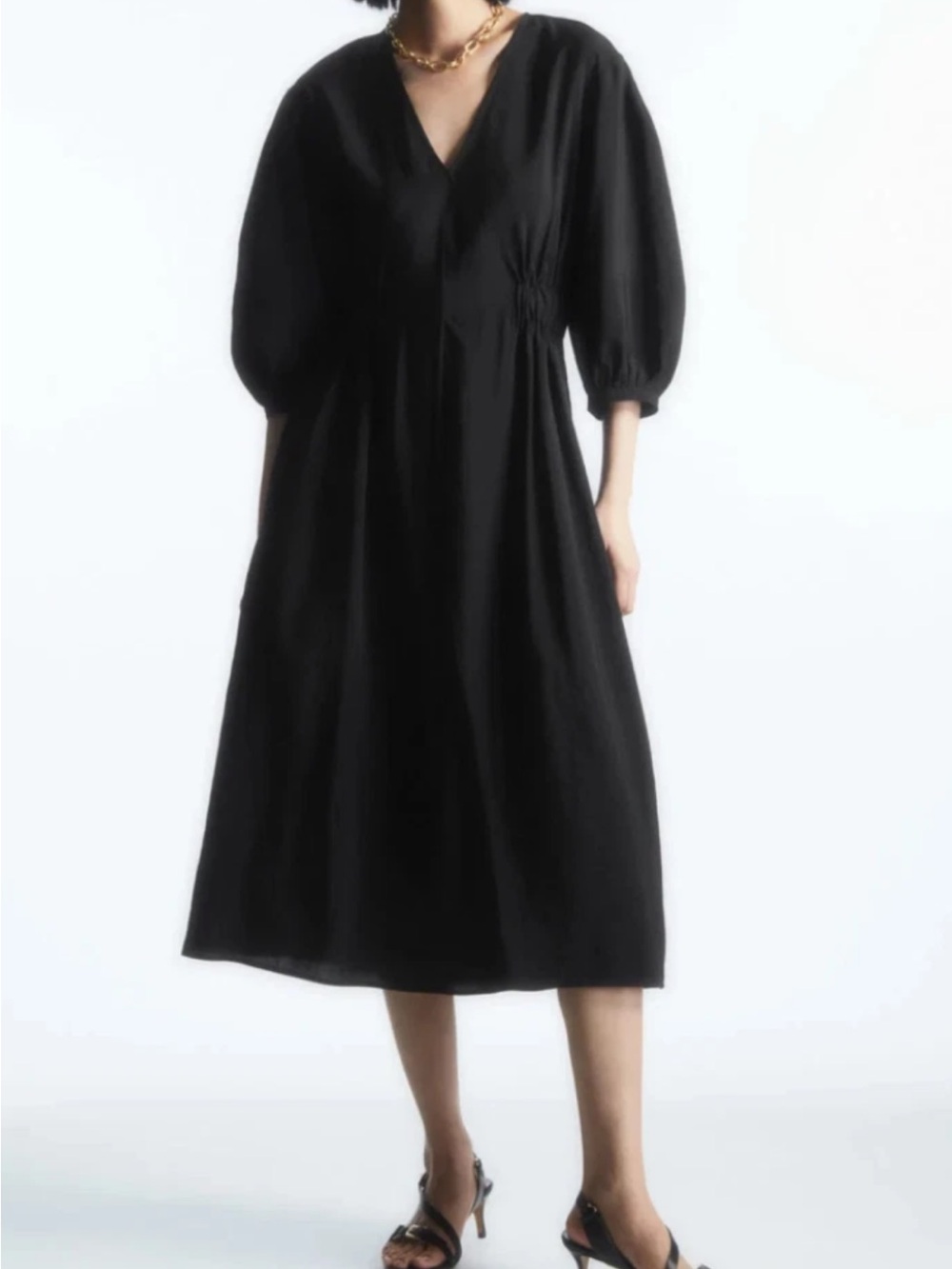 COS Black V-Neck Midi Dress with Puff Sleeves